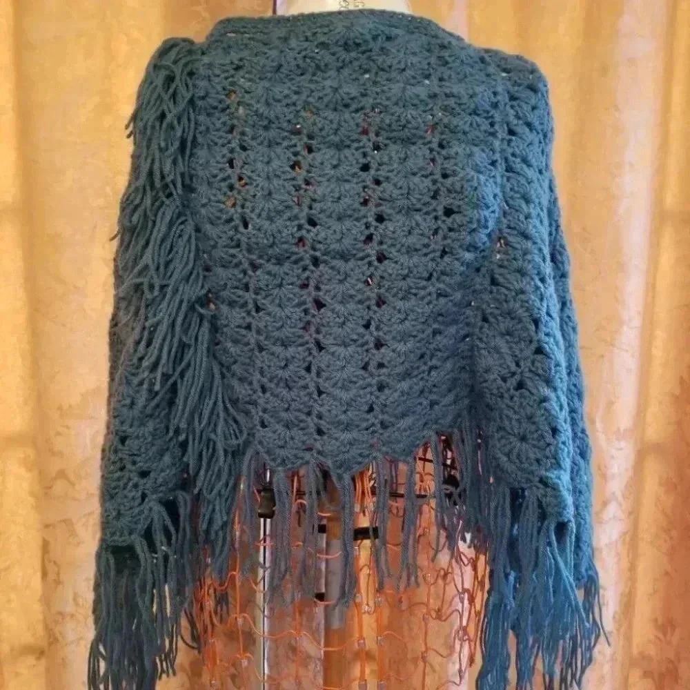 Handmade Teal  Crochet Fringe Knit Cape Sweater OS